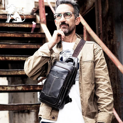 LAOSHIZI Brand Luxury Genuine Leather Men Messenger Casual Crossbody Fashion Men's Handbag Chest Male Shoulder Bag