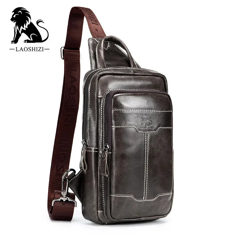 LAOSHIZI Brand Luxury Genuine Leather Men Messenger Casual Crossbody Fashion Men's Handbag Chest Male Shoulder Bag