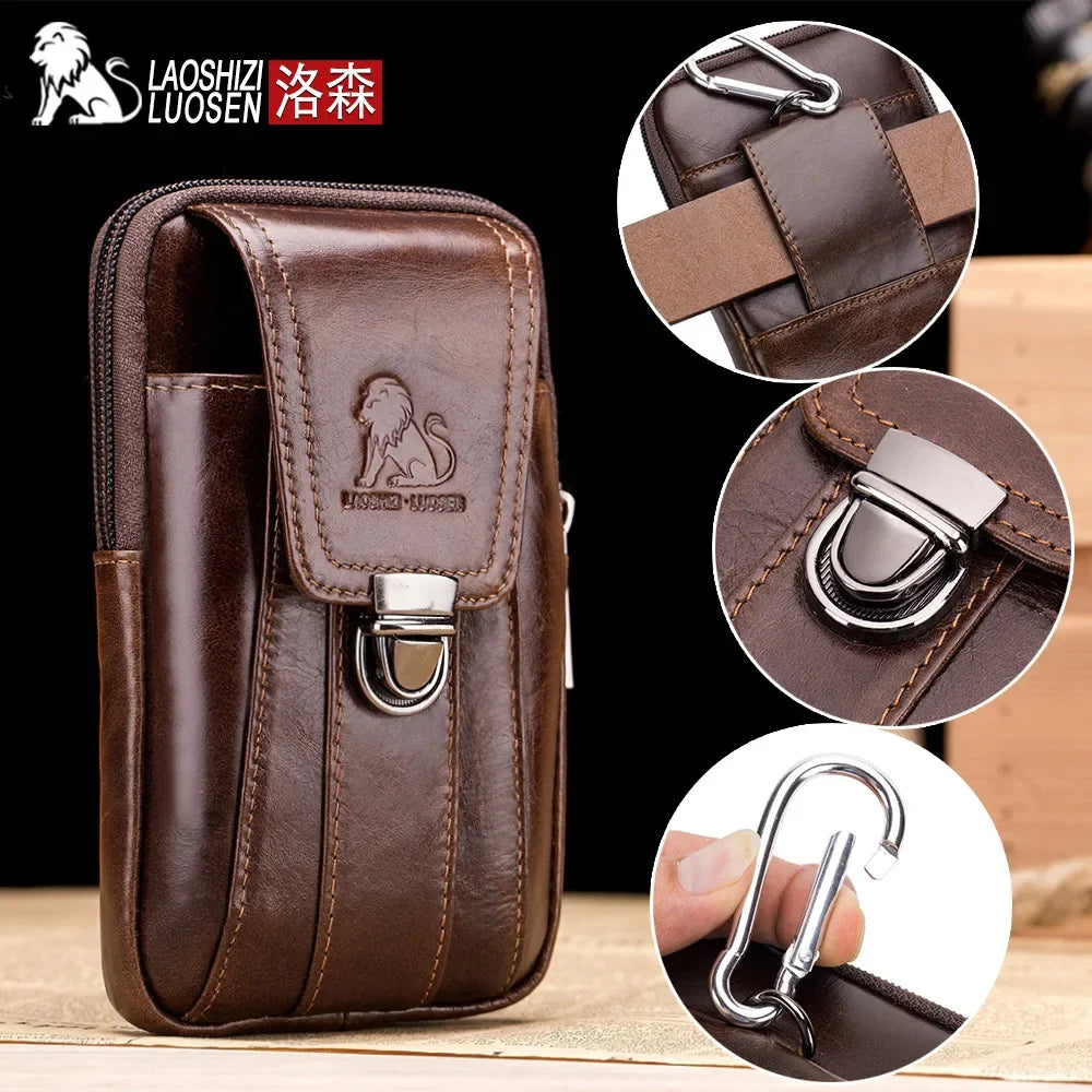 LAOSHIZI Brand Men Genuine Leather Waist Pack Multifunction Phone Pockets Case Coin Male Money Bags Retro Cowhide Purse