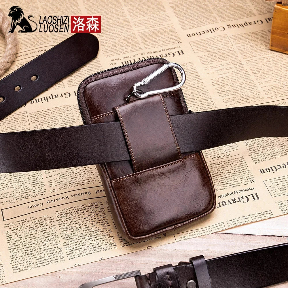 LAOSHIZI Brand Men Genuine Leather Waist Pack Multifunction Phone Pockets Case Coin Male Money Bags Retro Cowhide Purse