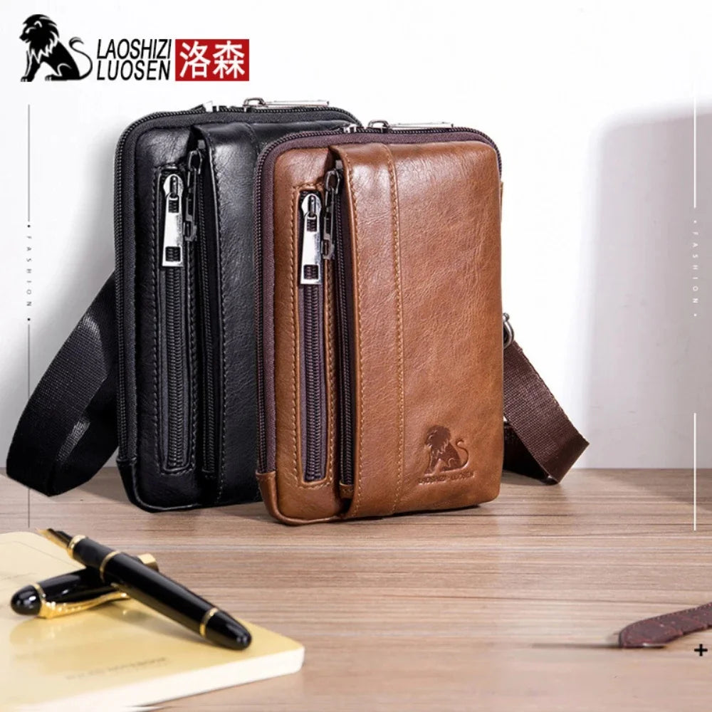 LAOSHIZI Brand Men Genuine Leather Waist Pack Multifunction Phone Pockets Case Coin Purse Male Money Bags Shoulder Messenger Bag