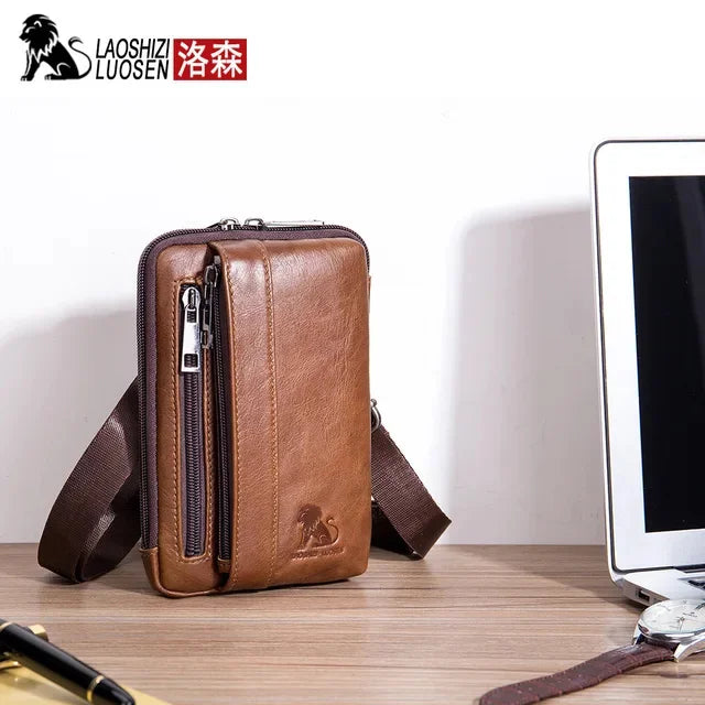 LAOSHIZI Brand Men Genuine Leather Waist Pack Multifunction Phone Pockets Case Coin Purse Male Money Bags Shoulder Messenger Bag