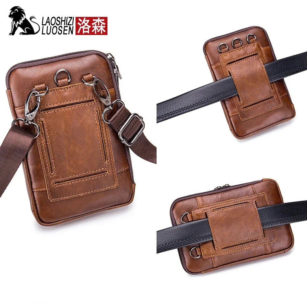LAOSHIZI Brand Men Genuine Leather Waist Pack Multifunction Phone Pockets Case Coin Purse Male Money Bags Shoulder Messenger Bag