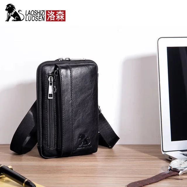 LAOSHIZI Brand Men Genuine Leather Waist Pack Multifunction Phone Pockets Case Coin Purse Male Money Bags Shoulder Messenger Bag