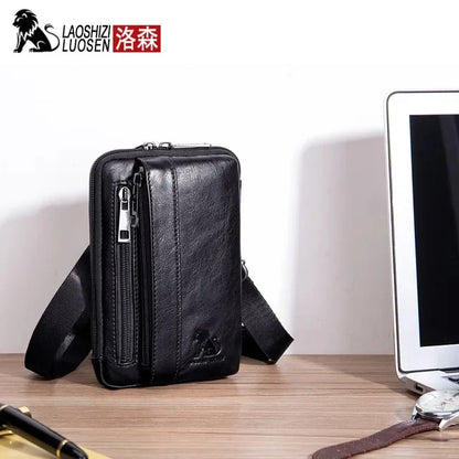 LAOSHIZI Brand Men Genuine Leather Waist Pack Multifunction Phone Pockets Case Coin Purse Male Money Bags Shoulder Messenger Bag