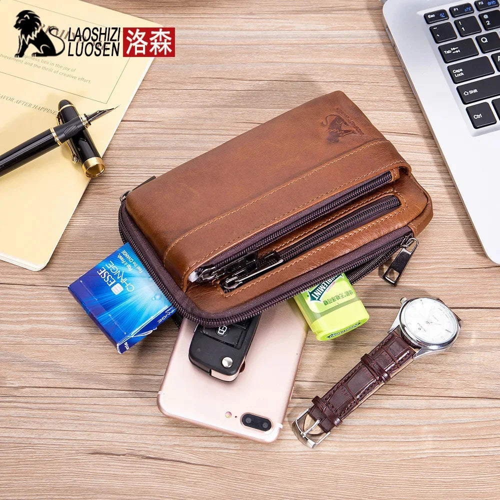 LAOSHIZI Brand Men Genuine Leather Waist Pack Multifunction Phone Pockets Case Coin Purse Male Money Bags Shoulder Messenger Bag