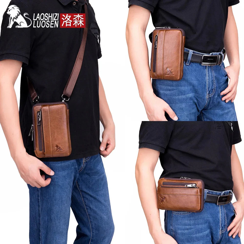 LAOSHIZI Brand Men Genuine Leather Waist Pack Multifunction Phone Pockets Case Coin Purse Male Money Bags Shoulder Messenger Bag