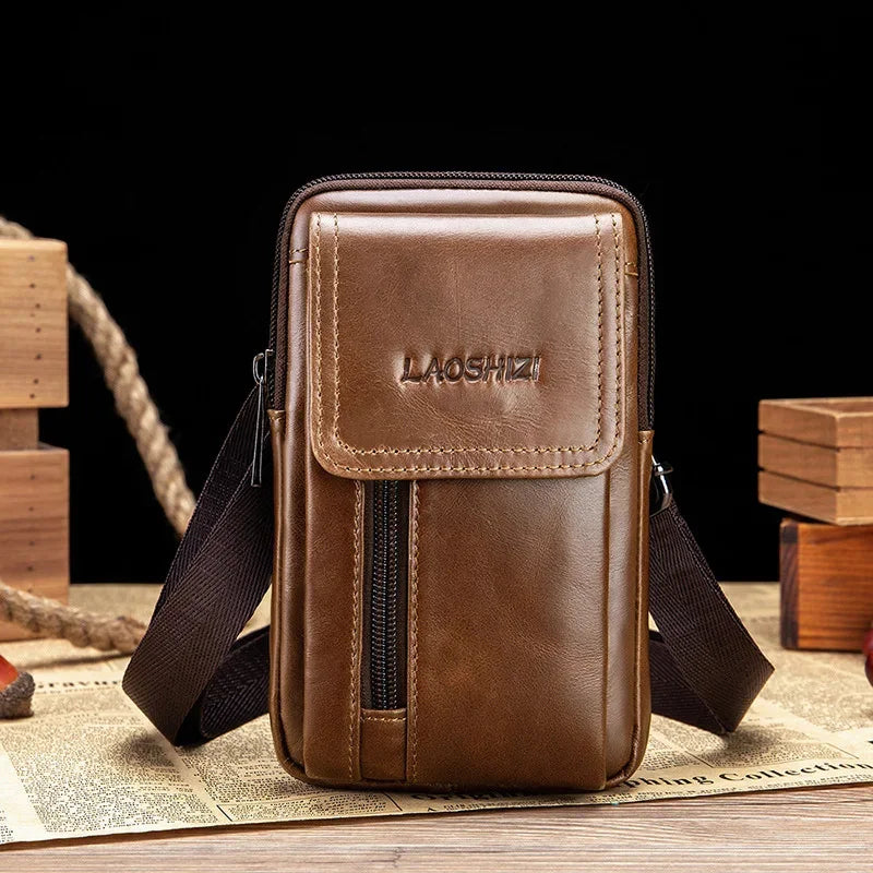 LAOSHIZI Brand Men's Cowhide Mobile Phone Waist Packs Multifunctional Genuine Leather Wallet Fashion Shoulder Crossbody Bag