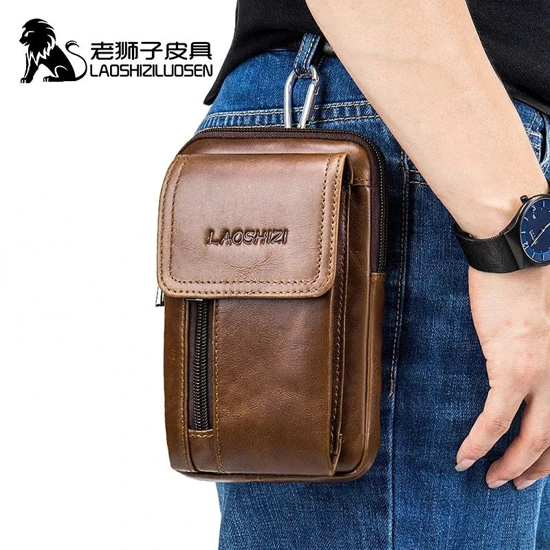LAOSHIZI Brand Men's Cowhide Mobile Phone Waist Packs Multifunctional Genuine Leather Wallet Fashion Shoulder Crossbody Bag