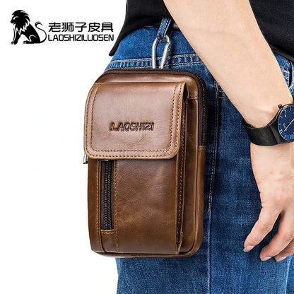 LAOSHIZI Brand Men's Cowhide Mobile Phone Waist Packs Multifunctional Genuine Leather Wallet Fashion Shoulder Crossbody Bag