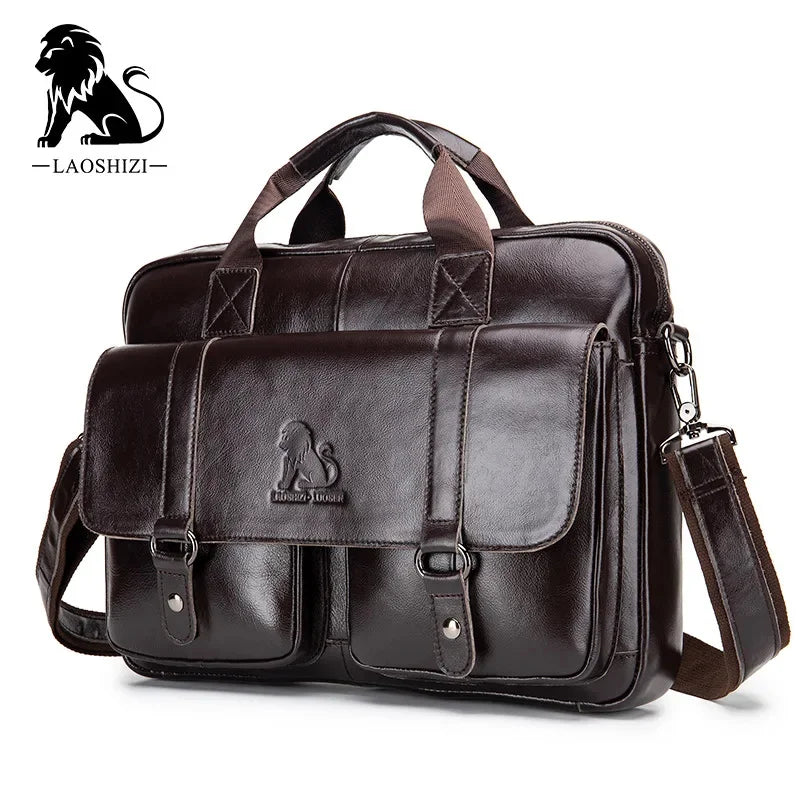 LAOSHIZI Brand Men's Genuine Leather Briefcase Messenger Laptop Business Leisure Large-capacity Handbag Crossbody Bag