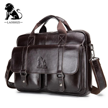 LAOSHIZI Brand Men's Genuine Leather Briefcase Messenger Laptop Business Leisure Large-capacity Handbag Crossbody Bag