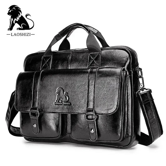 LAOSHIZI Brand Men's Genuine Leather Briefcase Messenger Laptop Business Leisure Large-capacity Handbag Crossbody Bag