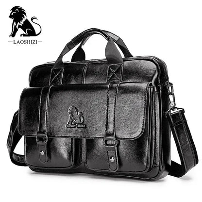 LAOSHIZI Brand Men's Genuine Leather Briefcase Messenger Laptop Business Leisure Large-capacity Handbag Crossbody Bag