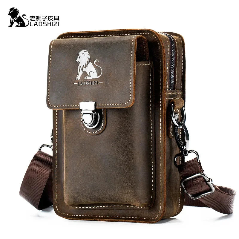 LAOSHIZI Crazy Horse Skin Men's Genuine Leather Purse Multifunctional Small Shoulder Leisure Crossbody Mobile Phone Bag