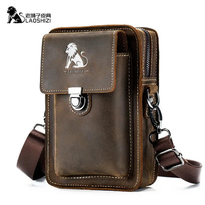 LAOSHIZI Crazy Horse Skin Men's Genuine Leather Purse Multifunctional Small Shoulder Leisure Crossbody Mobile Phone Bag