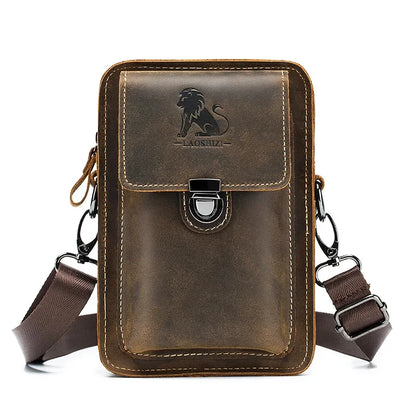 LAOSHIZI Crazy Horse Skin Men's Genuine Leather Purse Multifunctional Small Shoulder Leisure Crossbody Mobile Phone Bag