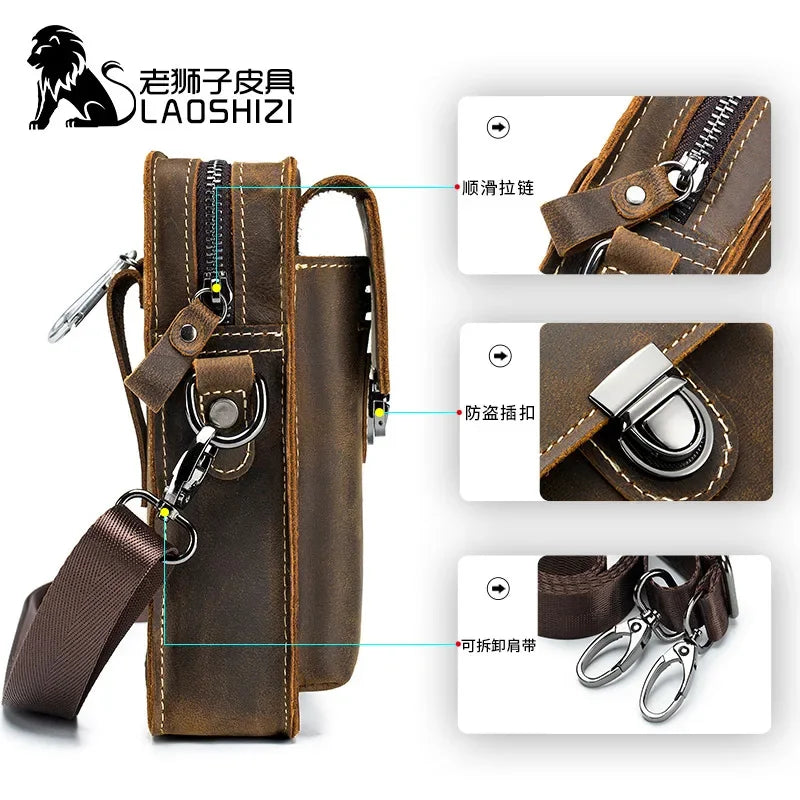 LAOSHIZI Crazy Horse Skin Men's Genuine Leather Purse Multifunctional Small Shoulder Leisure Crossbody Mobile Phone Bag