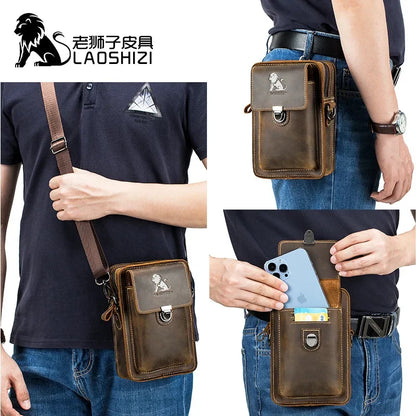 LAOSHIZI Crazy Horse Skin Men's Genuine Leather Purse Multifunctional Small Shoulder Leisure Crossbody Mobile Phone Bag
