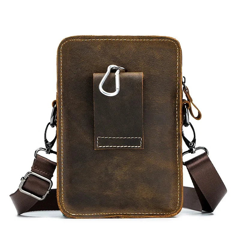 LAOSHIZI Crazy Horse Skin Men's Genuine Leather Purse Multifunctional Small Shoulder Leisure Crossbody Mobile Phone Bag