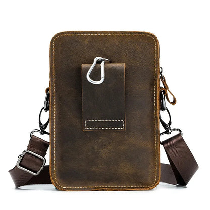 LAOSHIZI Crazy Horse Skin Men's Genuine Leather Purse Multifunctional Small Shoulder Leisure Crossbody Mobile Phone Bag