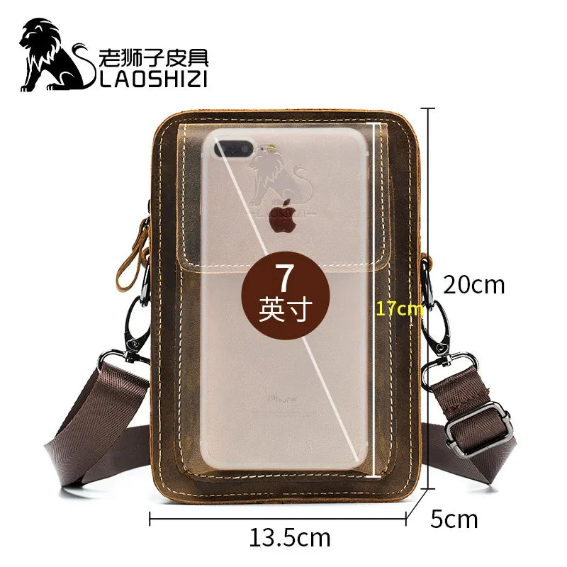 LAOSHIZI Crazy Horse Skin Men's Genuine Leather Purse Multifunctional Small Shoulder Leisure Crossbody Mobile Phone Bag