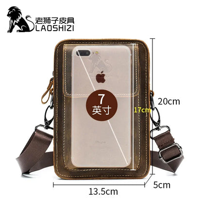 LAOSHIZI Crazy Horse Skin Men's Genuine Leather Purse Multifunctional Small Shoulder Leisure Crossbody Mobile Phone Bag