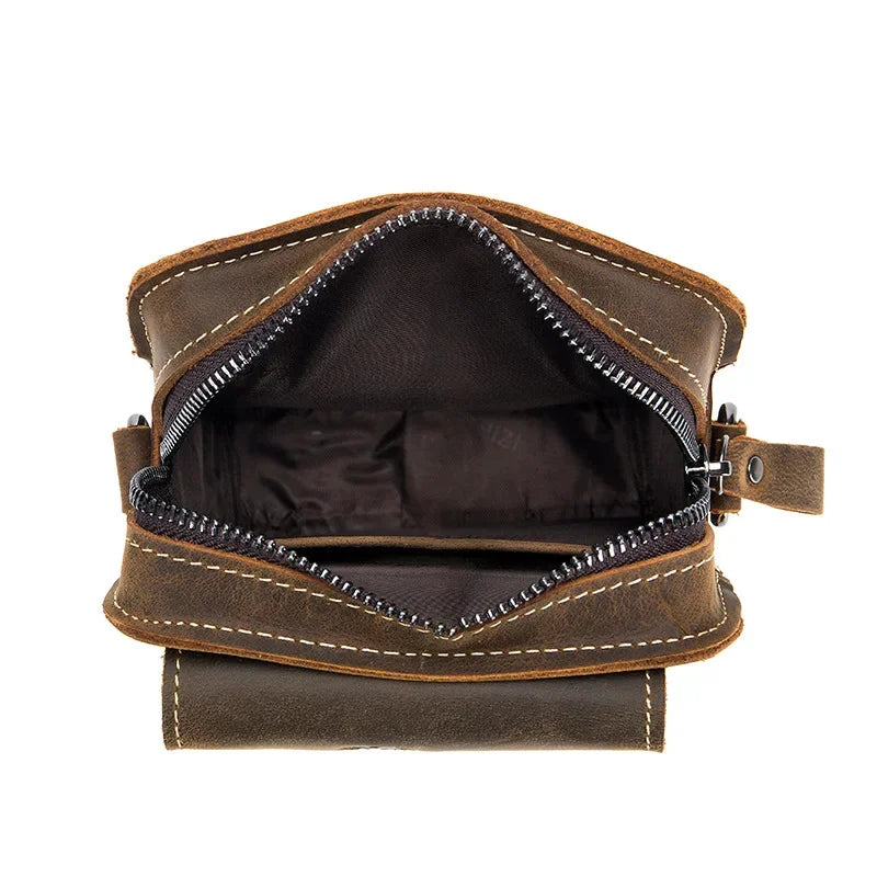 LAOSHIZI Crazy Horse Skin Men's Genuine Leather Purse Multifunctional Small Shoulder Leisure Crossbody Mobile Phone Bag