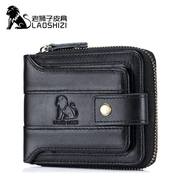 LAOSHIZI Men Genuine Leather Brand RFID Male Organizer Coin Purse Pockets Slim Fashion Zipper Clamp Wallet Card Holder