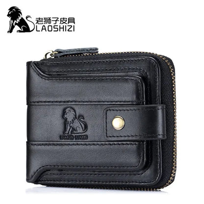 LAOSHIZI Men Genuine Leather Brand RFID Male Organizer Coin Purse Pockets Slim Fashion Zipper Clamp Wallet Card Holder