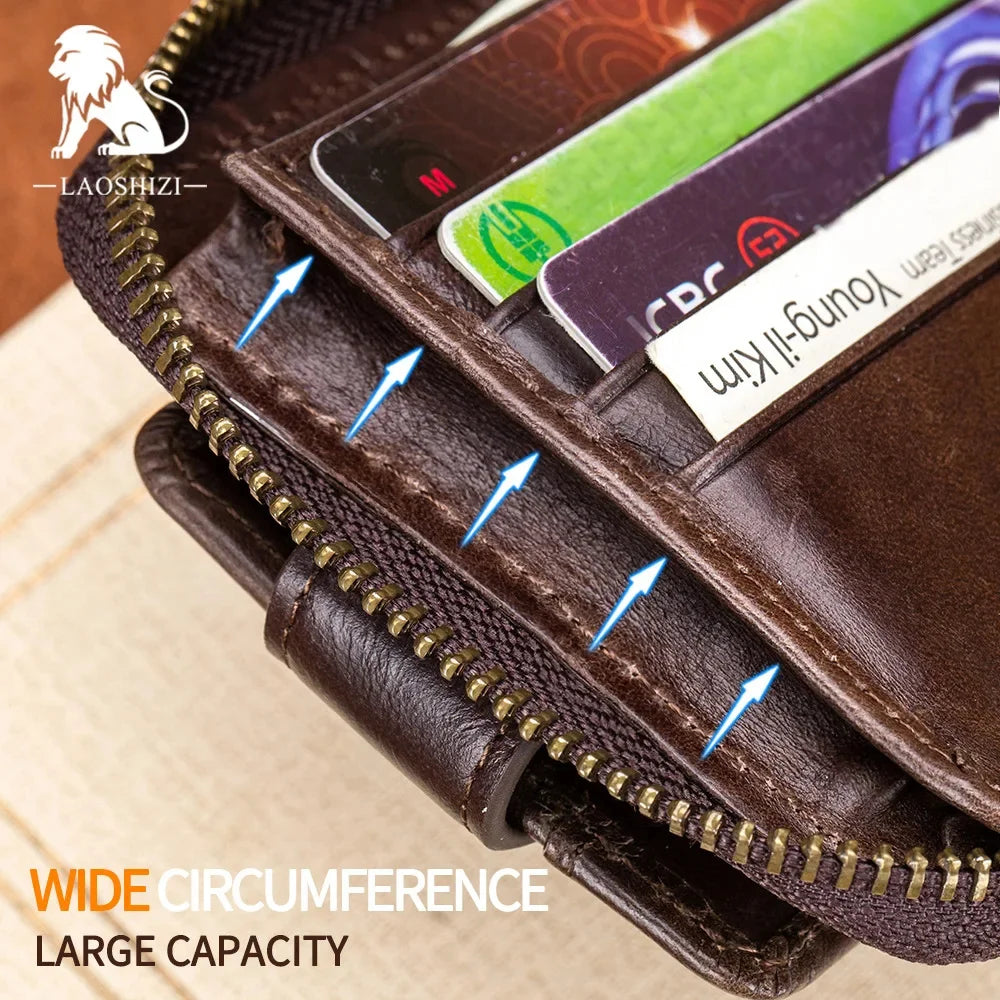LAOSHIZI Men Genuine Leather Brand RFID Male Organizer Coin Purse Pockets Slim Fashion Zipper Clamp Wallet Card Holder