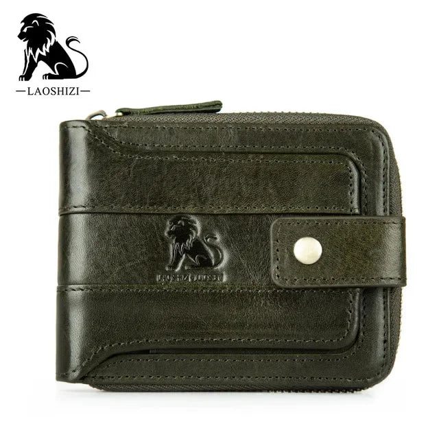 LAOSHIZI Men Genuine Leather Brand RFID Male Organizer Coin Purse Pockets Slim Fashion Zipper Clamp Wallet Card Holder