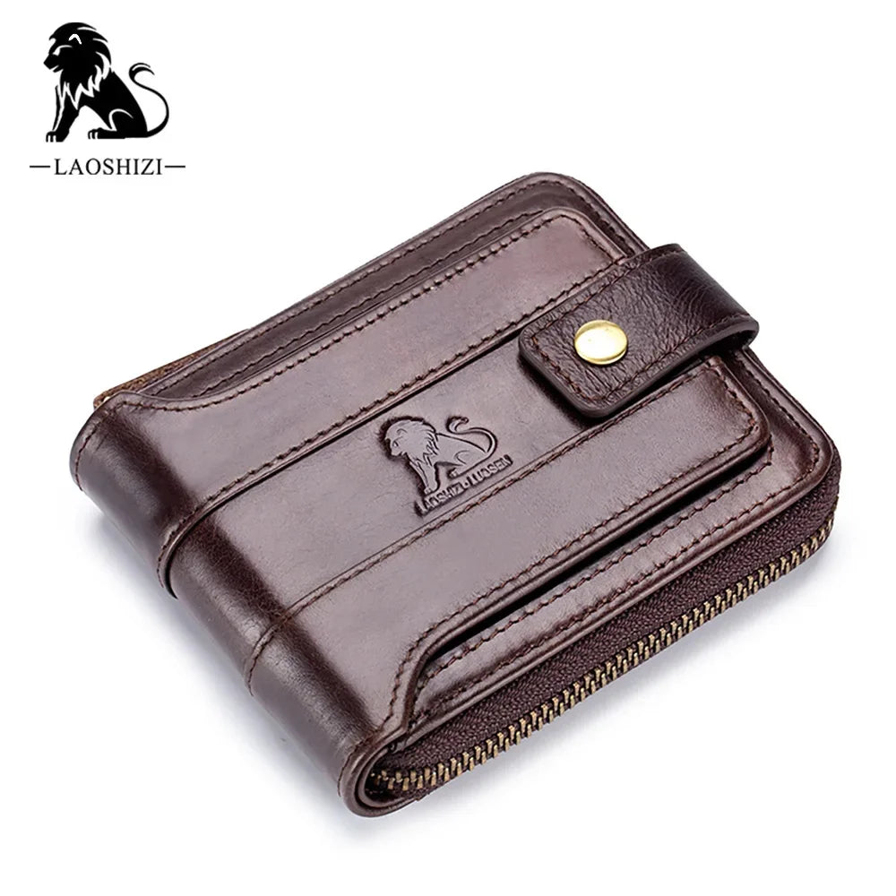 LAOSHIZI Men Genuine Leather Brand RFID Male Organizer Coin Purse Pockets Slim Fashion Zipper Clamp Wallet Card Holder