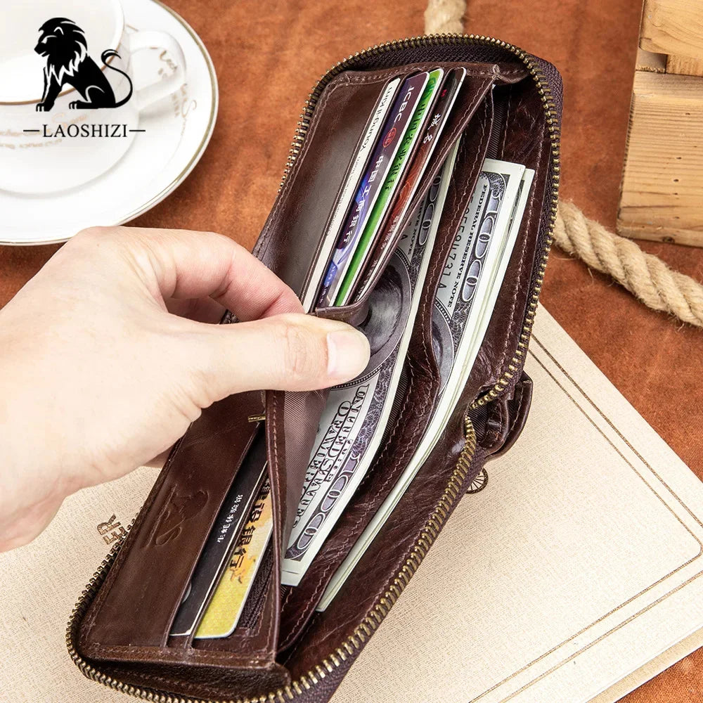 LAOSHIZI Men Genuine Leather Brand RFID Male Organizer Coin Purse Pockets Slim Fashion Zipper Clamp Wallet Card Holder