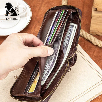 LAOSHIZI Men Genuine Leather Brand RFID Male Organizer Coin Purse Pockets Slim Fashion Zipper Clamp Wallet Card Holder