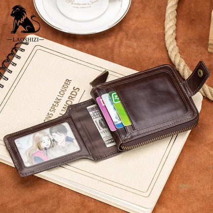 LAOSHIZI Men Genuine Leather Brand RFID Male Organizer Coin Purse Pockets Slim Fashion Zipper Clamp Wallet Card Holder