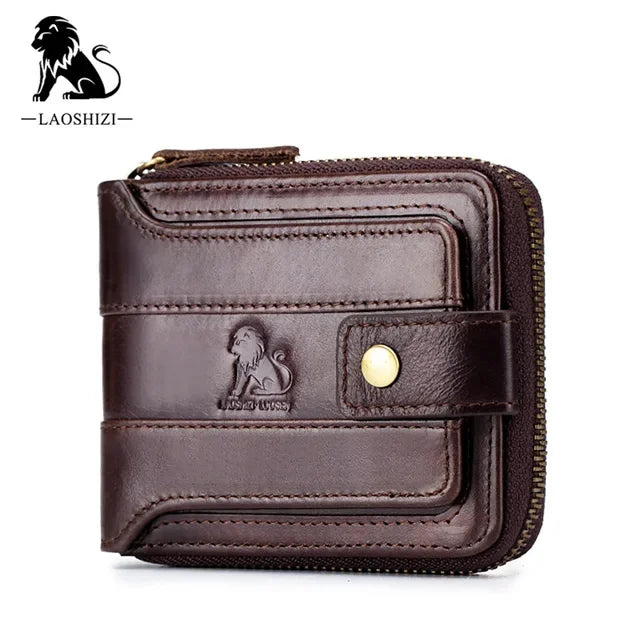 LAOSHIZI Men Genuine Leather Brand RFID Male Organizer Coin Purse Pockets Slim Fashion Zipper Clamp Wallet Card Holder