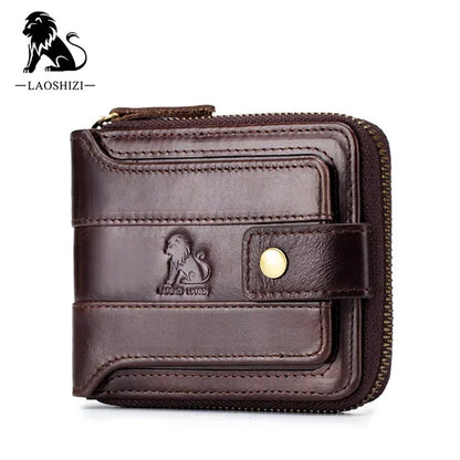 LAOSHIZI Men Genuine Leather Brand RFID Male Organizer Coin Purse Pockets Slim Fashion Zipper Clamp Wallet Card Holder