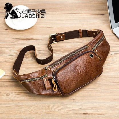 LAOSHIZI Men's Genuine Waist Packs Multifunction Fashion Chest Sports Casual Leather Travel Pocket Phone Bag