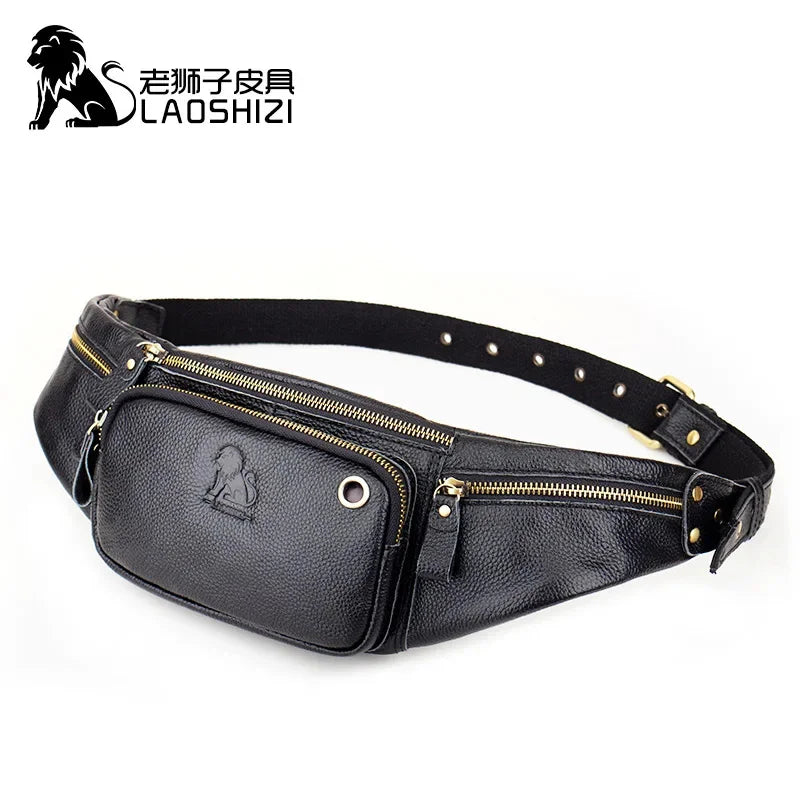 LAOSHIZI Men's Genuine Waist Packs Multifunction Fashion Chest Sports Casual Leather Travel Pocket Phone Bag