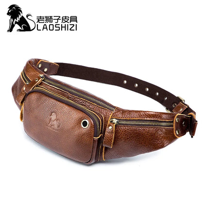 LAOSHIZI Men's Genuine Waist Packs Multifunction Fashion Chest Sports Casual Leather Travel Pocket Phone Bag