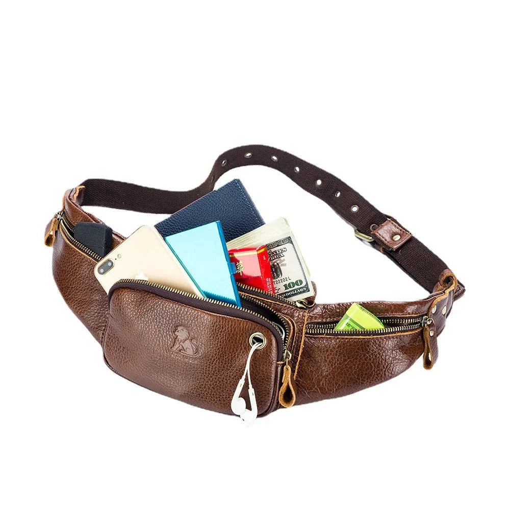 LAOSHIZI Men's Genuine Waist Packs Multifunction Fashion Chest Sports Casual Leather Travel Pocket Phone Bag