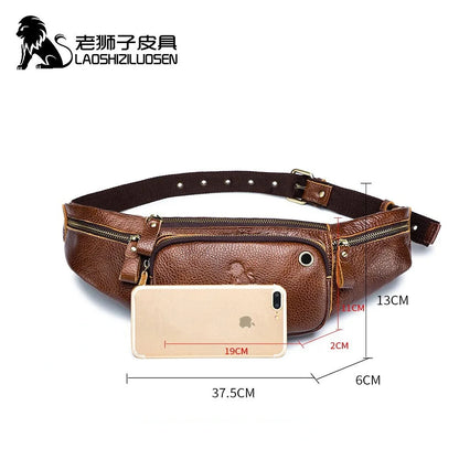 LAOSHIZI Men's Genuine Waist Packs Multifunction Fashion Chest Sports Casual Leather Travel Pocket Phone Bag