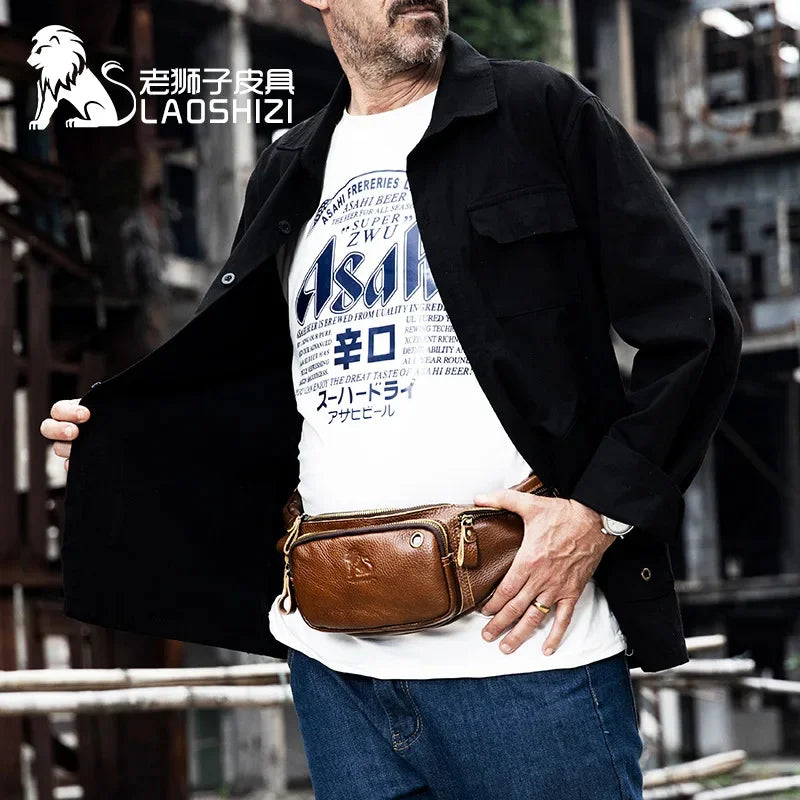 LAOSHIZI Men's Genuine Waist Packs Multifunction Fashion Chest Sports Casual Leather Travel Pocket Phone Bag