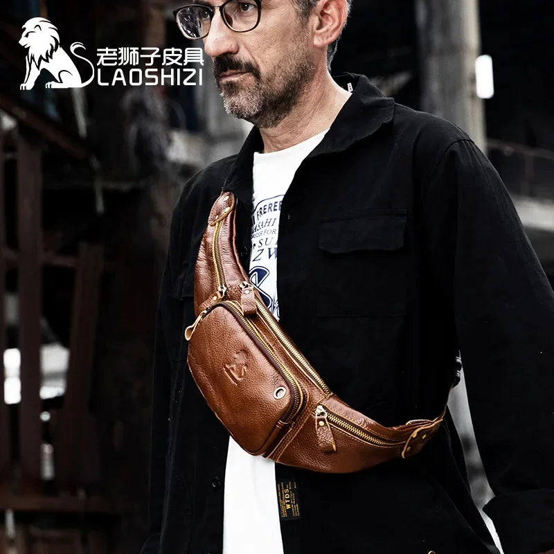 LAOSHIZI Men's Genuine Waist Packs Multifunction Fashion Chest Sports Casual Leather Travel Pocket Phone Bag