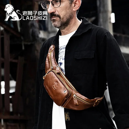 LAOSHIZI Men's Genuine Waist Packs Multifunction Fashion Chest Sports Casual Leather Travel Pocket Phone Bag