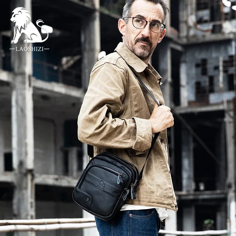 LAOSHIZI New Brand Genuine Leather Crossbody 100% Cowhide Small Satchel Men's Leisure Sports Business Shoulder Bag