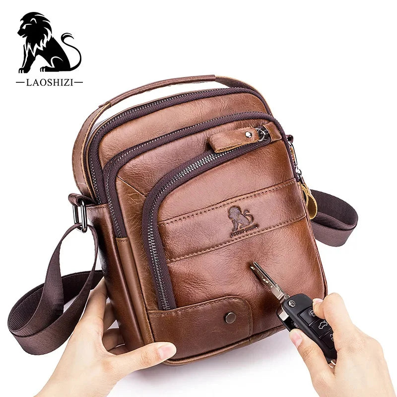LAOSHIZI New Brand Genuine Leather Crossbody 100% Cowhide Small Satchel Men's Leisure Sports Business Shoulder Bag