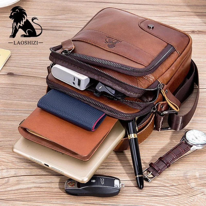 LAOSHIZI New Brand Genuine Leather Crossbody 100% Cowhide Small Satchel Men's Leisure Sports Business Shoulder Bag