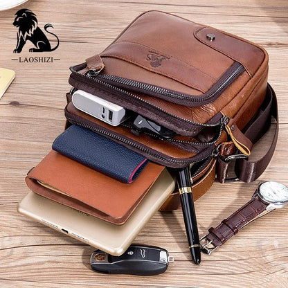 LAOSHIZI New Brand Genuine Leather Crossbody 100% Cowhide Small Satchel Men's Leisure Sports Business Shoulder Bag